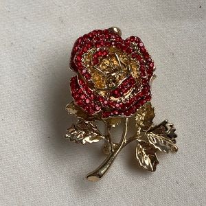 Vintage Gold Flower With Red Gemstones Pin Back Brooch